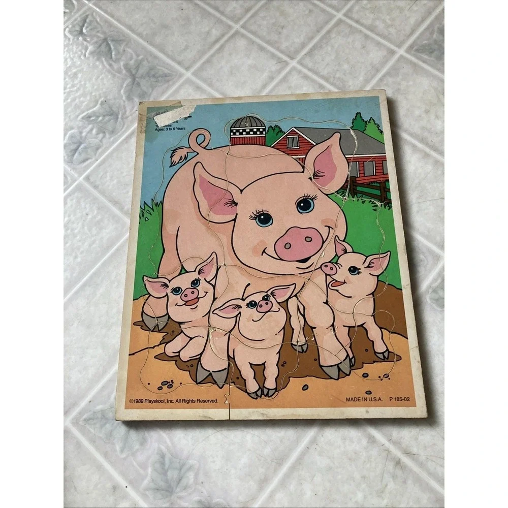 Vintage Playskool Wooden Puzzle Mother pig and Piglets P 185-02 1989